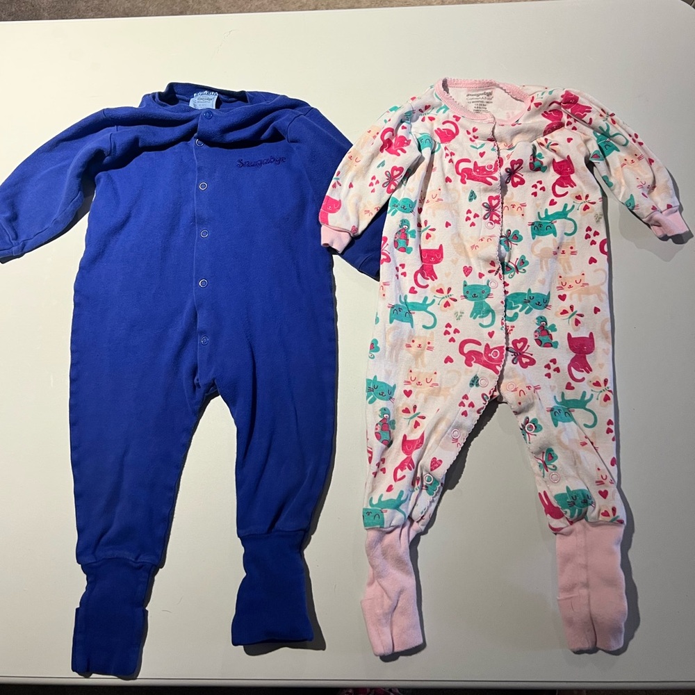 12mos Snug-A-Bye, Convert-A-Foot Royal Blue Solid & Pink Cat-Print Footie Set